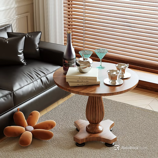 Round Wooden Coffee Table With Wine Bottle Blue Glasses Books And Black Leather Sofa 3d model
